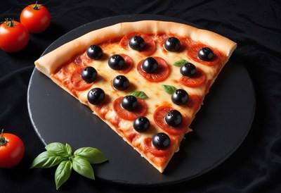 A slice of pizza with black olives and tomatoes