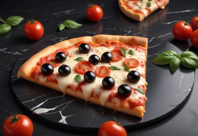 Pizza with olives and tomatoes on black marble