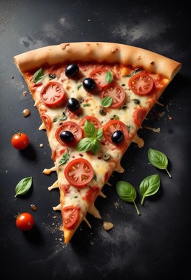 Pizza slice with tomato, basil, and olives