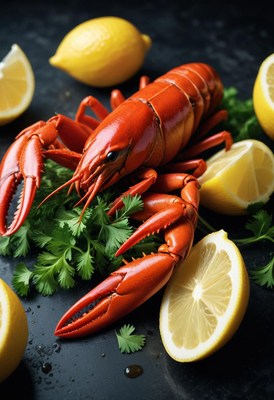 A cooked lobster with lemon wedges and parsley