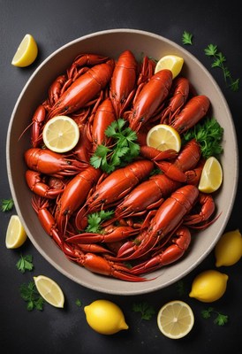 A bowl of cooked crawfish with lemon and parsley