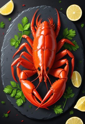 A red lobster on a slate plate with lemon wedges and parsley