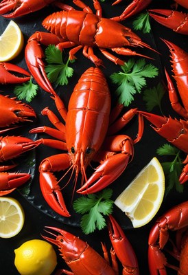 Red lobsters with lemon wedges and cilantro