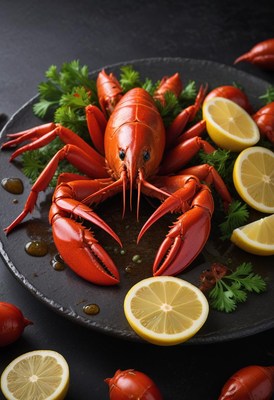 Lobster on black plate with lemon and parsley
