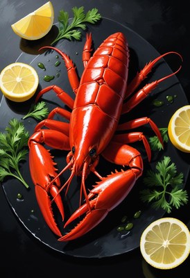 A red lobster on a black plate with lemons and parsley