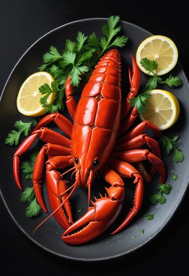 Lobster with lemon and parsley on a black plate