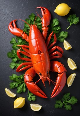 Lobster with lemon and parsley on black surface