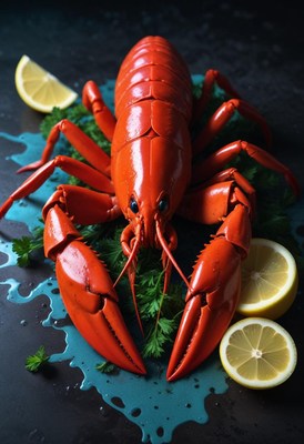 A cooked lobster sits on a bed of parsley with lemon slices