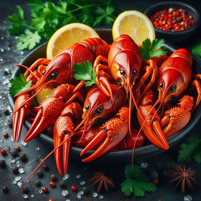 A plate of red crawfish with lemon and herbs