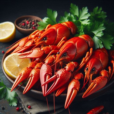 Cooked crawfish on a plate with lemon wedges