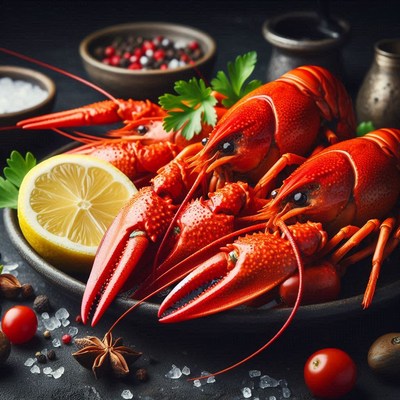 Red crawfish on a black plate with lemon wedges