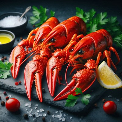 Three cooked crawfish on a black slate platter