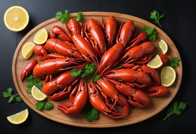 A platter of cooked crayfish, lemons, and parsley