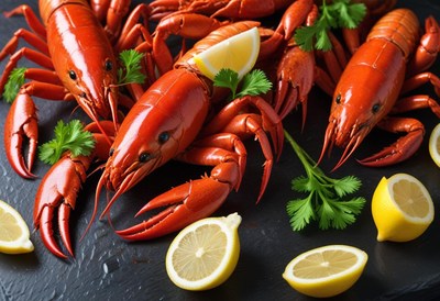 Cooked lobster with lemon wedges and cilantro