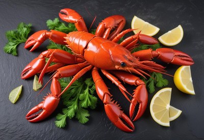 Lobster with lemon and parsley on dark background