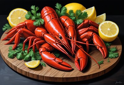 A red lobster with lemon and parsley on a wooden platter