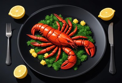 Lobster on a black plate with lemon and parsley