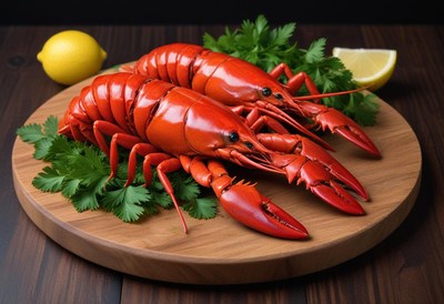 Two red lobsters on a wooden board with parsley