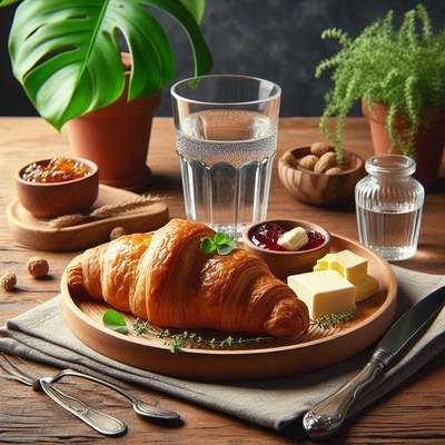 A fresh croissant with butter and jam, ready to be enjoyed