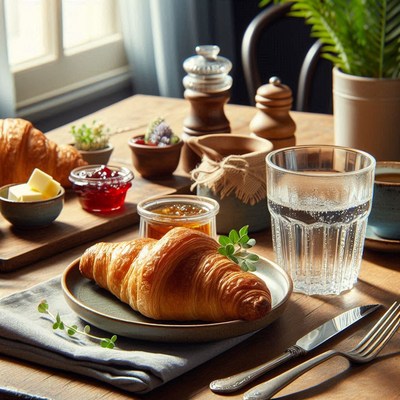 A croissant sits on a plate with a sprig of greenery