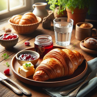 A croissant, jam, and butter on a wooden table
