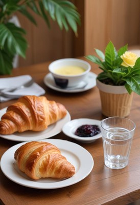 Two croissants on a table with jam, water, and a plant