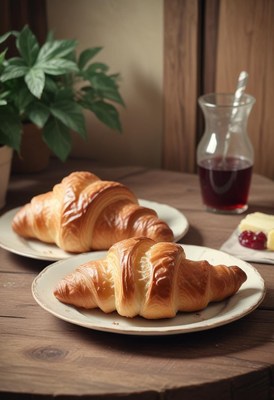 Two golden croissants on white plates on a wooden table