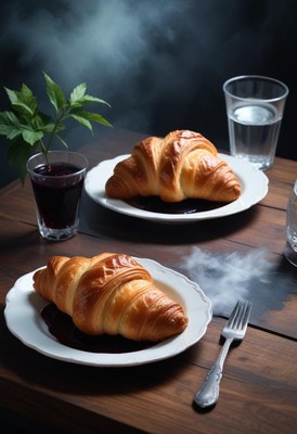 Two croissants on plates with steam rising on a wooden table