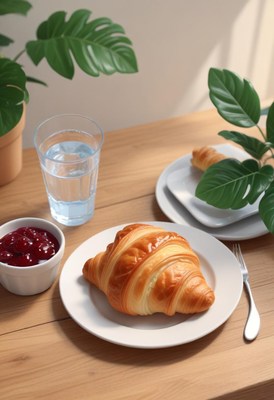 A croissant on a plate with jam and a glass of water