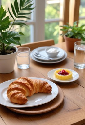 A fresh croissant sits on a white plate on a wooden table