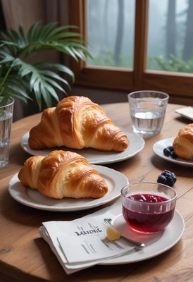 Fresh croissants and jam on a table by a window