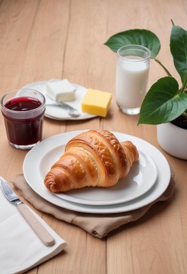 A fresh croissant on a white plate with milk and coffee