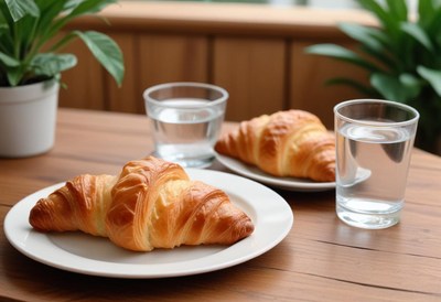 Two croissants and glasses of water on a wooden table