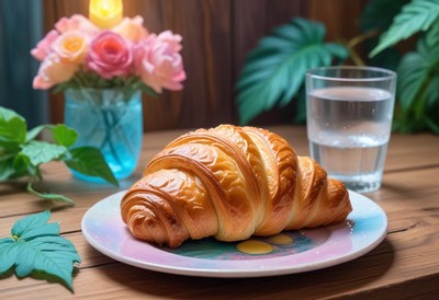 A fresh croissant sits on a plate on a wooden table