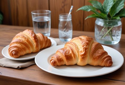 Two croissants on white plates on a wooden table