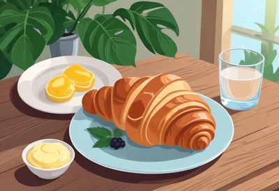Fresh croissant, orange slices, and water await!
