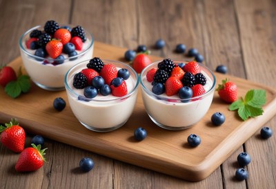 Three bowls of yogurt with berries on a wooden cutting board