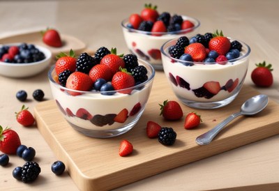 Yogurt with berries on a cutting board