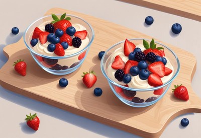 Two bowls of yogurt with berries on a wooden board