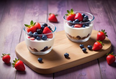 Yogurt parfaits with berries and granola on wood