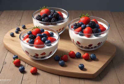 Three yogurt bowls with strawberries and blueberries