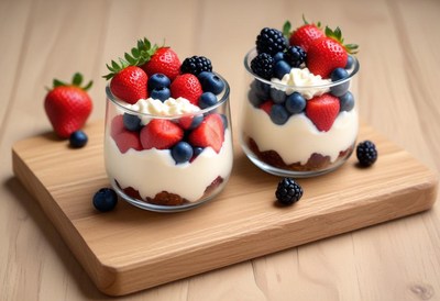Two glasses of berry parfait on a wooden board