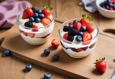 Two bowls of fruit and whipped cream on a wooden board