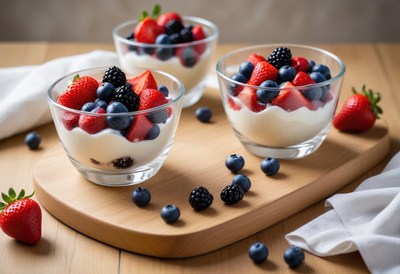 Three bowls of yogurt with berries on a wooden table