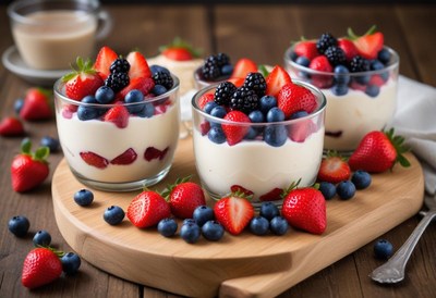 3 parfaits with yogurt and mixed berries on board