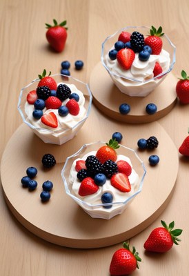 Three bowls of whipped cream with fresh fruit