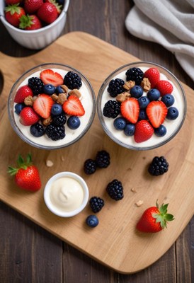 Yogurt bowls with berries and granola on wood