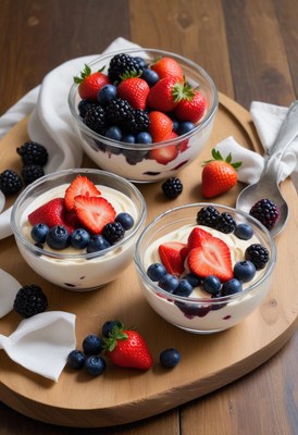 Three bowls of yogurt with fresh berries on a wooden board