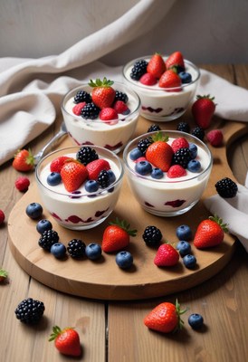 Four bowls of yogurt with berries on a wooden board