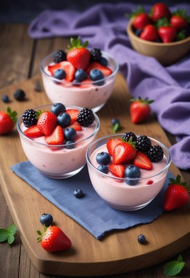 Three bowls of pink yogurt topped with fresh berries